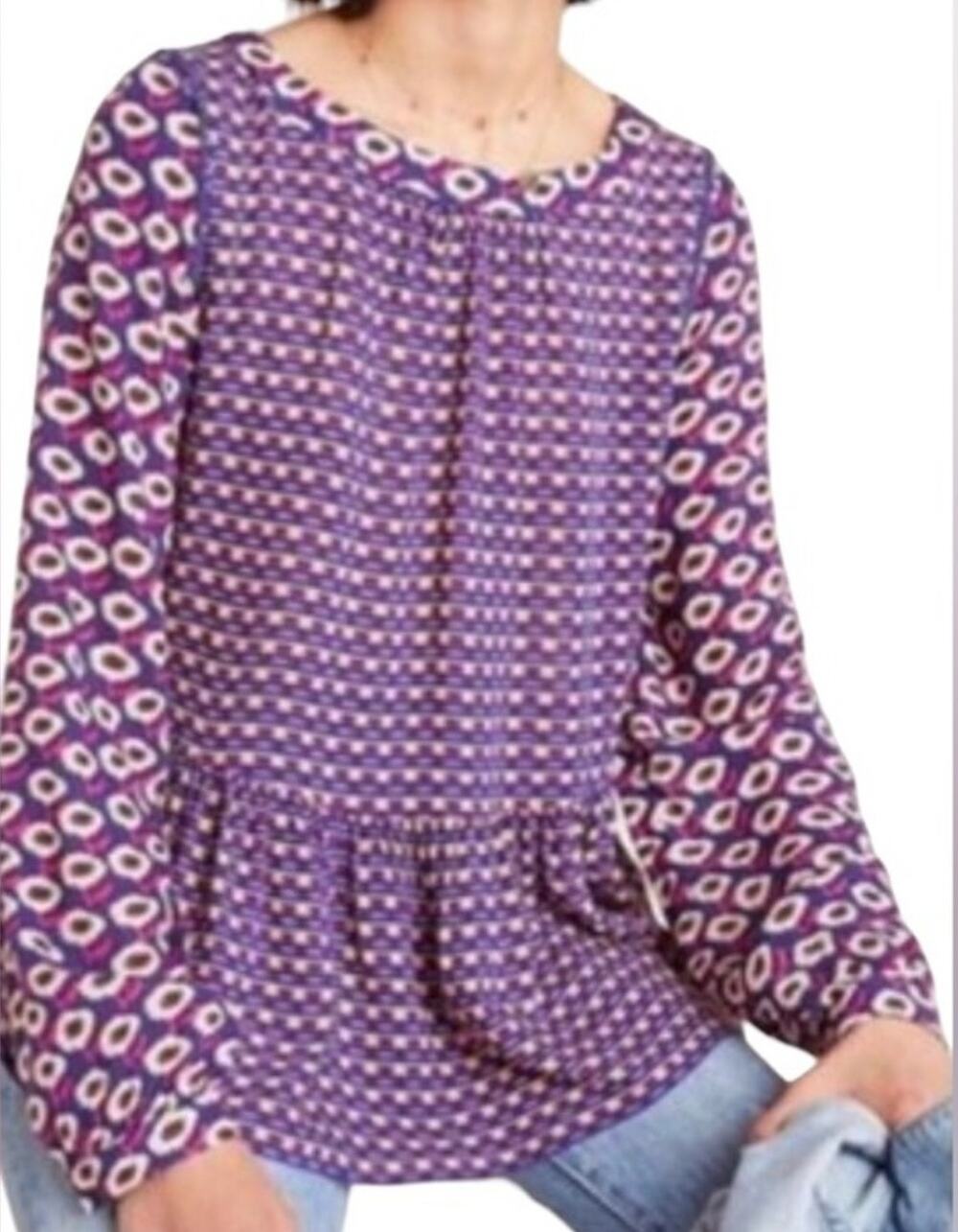 Anthropologie Maeve Geometric Peplum Long Sleeve Top Blouse S